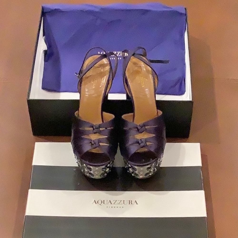Aquazzura Party Plateau 140 Crystal-Embellished Satin Sandal in Ink color.